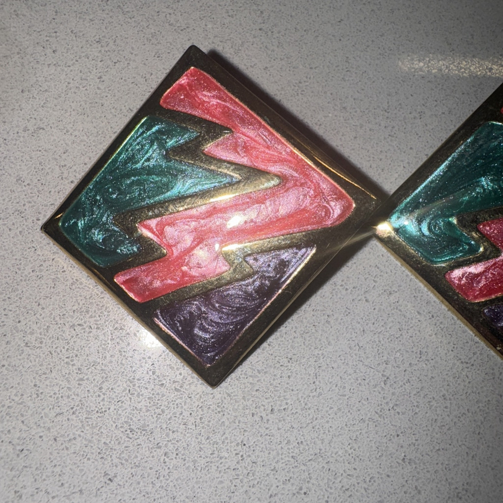 Vintage Retro Goldtone Pierced Multi Color Enamel Earrings Square - Picture 3 of 5